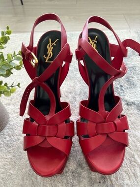 Saint Laurent Red Leather Knotted Strap Heeled Sandals